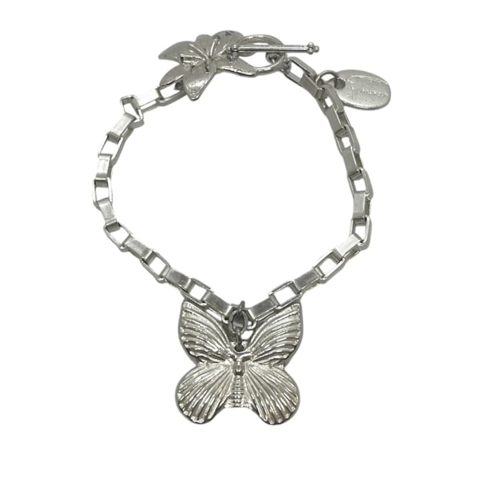 Pulsera cadena mariposa y flor con cierre T plata 10µ