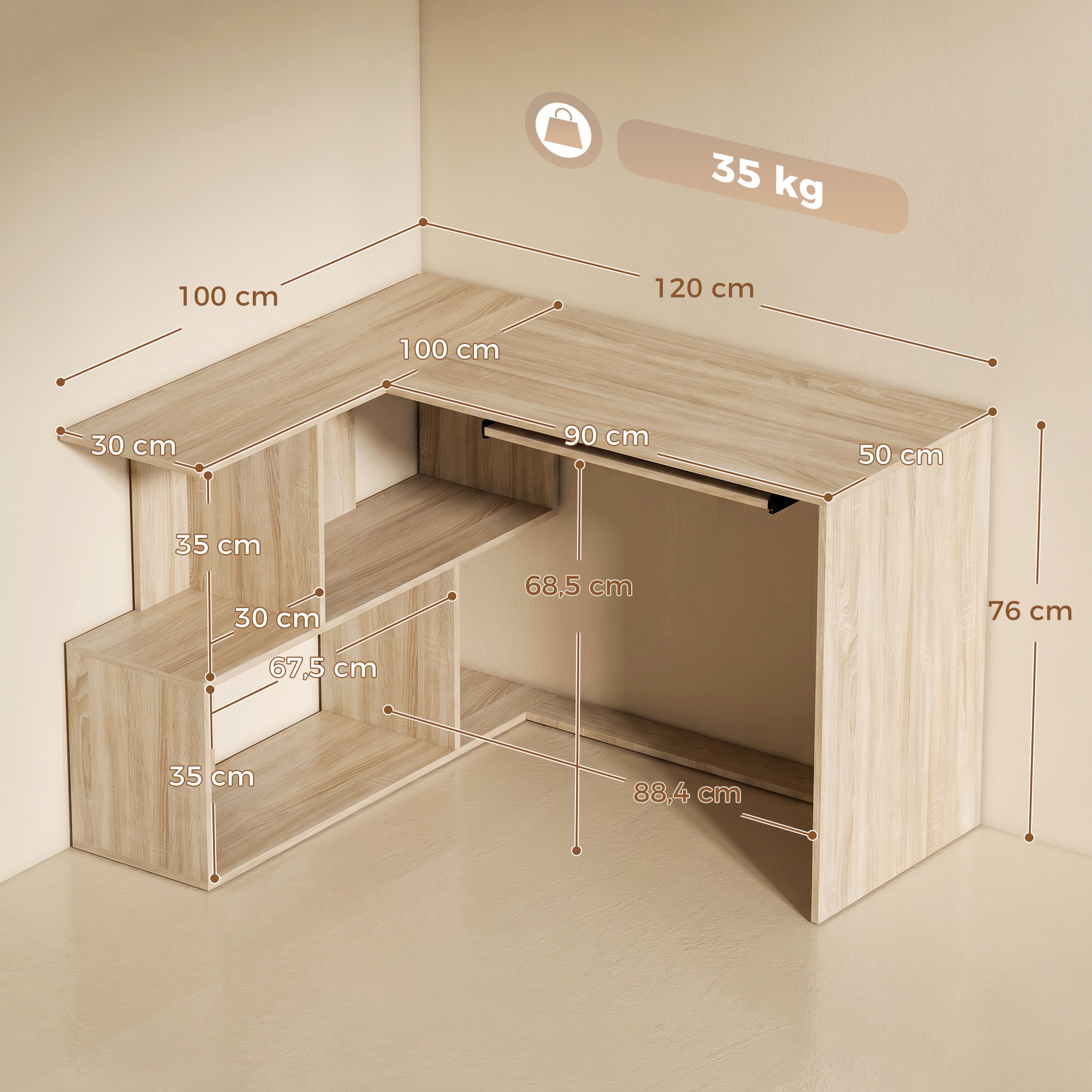 Bureau informatique - bureau d'angle 120 x 100 cm - tablette coulissante clavier, 4 niches - effet bois clair