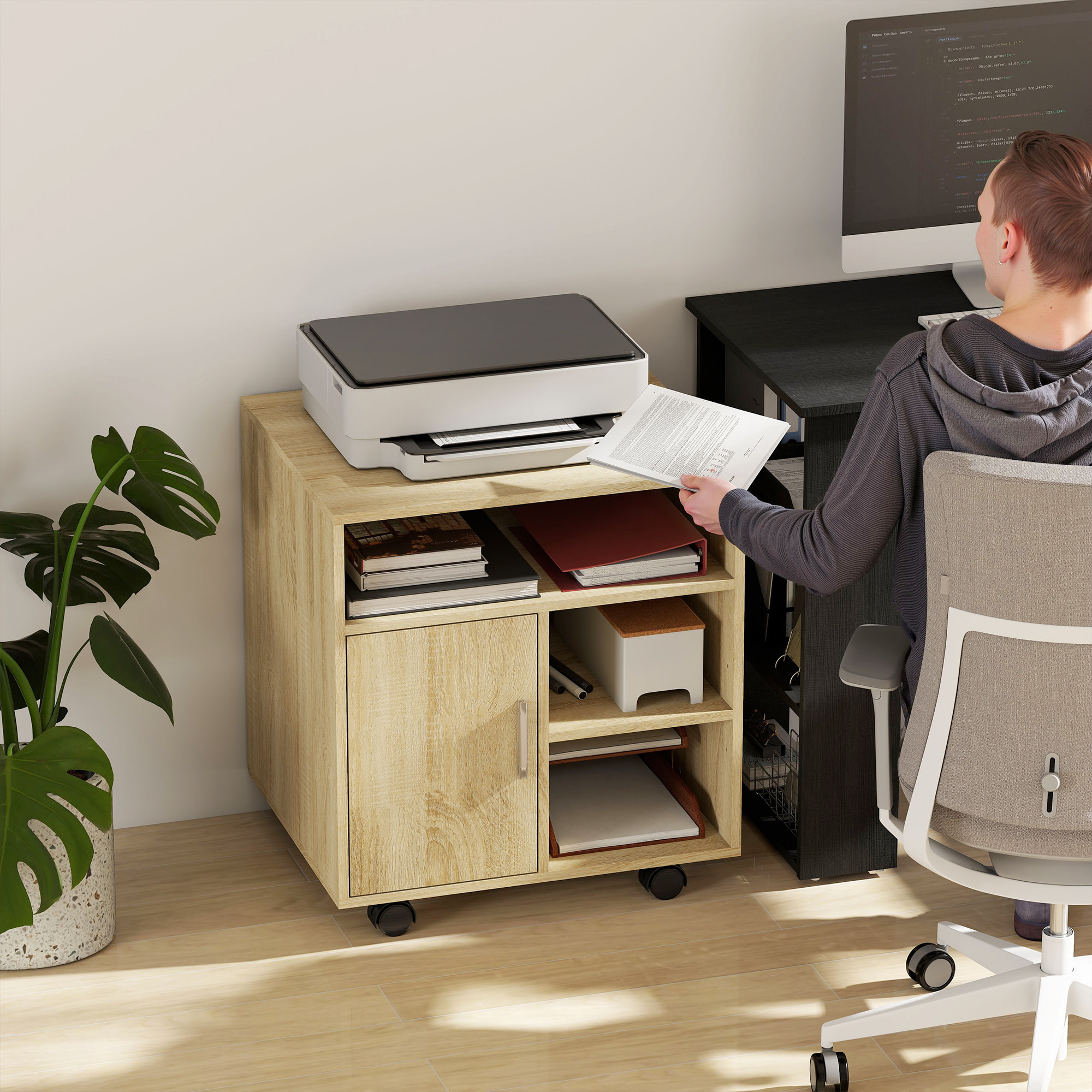 Mueble para Impresora con Ruedas, Soporte de Impresora con Compartimentos Abiertos y Puerta, para Oficina, Hogar, Estudio, 60x50x65,5 cm, Natural
