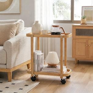 Carrito de Cocina de Bambú de 2 Niveles, Carrito Auxiliar de Cocina con Ruedas, 2 Estantes Abiertos, Diseño Curvo, para Comedor, 54x36,5x60 cm, Natural