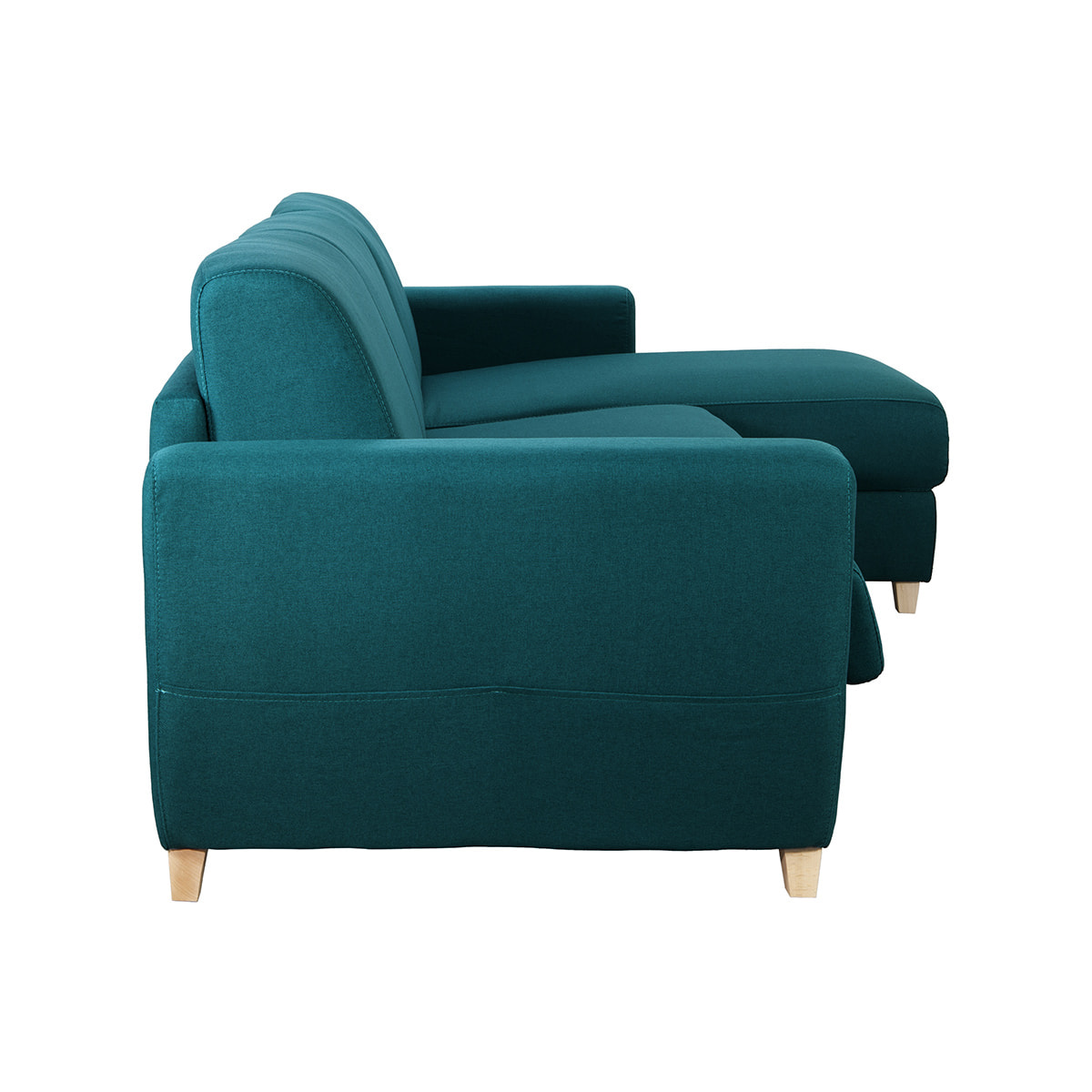 Canapé d'angle convertible réversible avec coffre 4 places en tissu bleu canard et bois clair GRAHAM