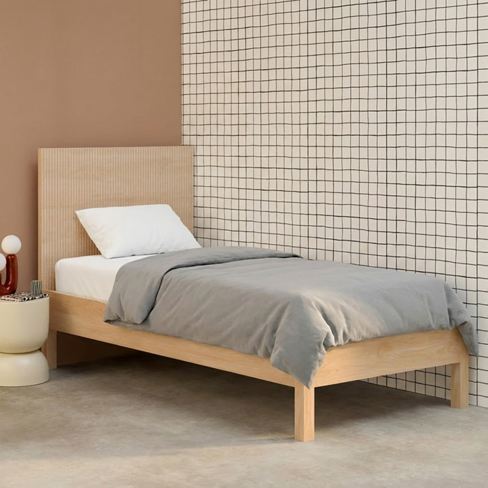 Lit avec sommier à lattes et tête de lit 90x190cm décor bois LINEAR