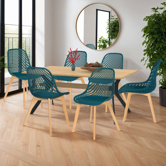 Chaises Maëlle assise ajourée et pieds bois - Bleu
