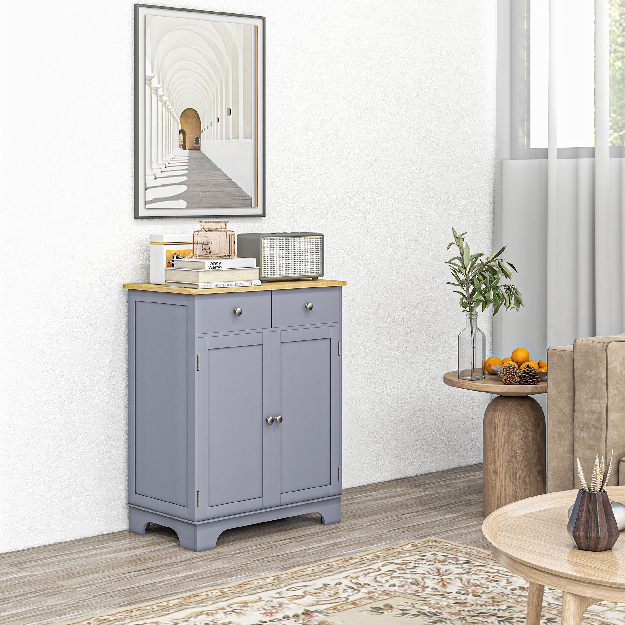 Buffet multi-rangement 2 portes avec étagère réglable 2 tiroirs coulissants MDF gris plateau bois d'hévéa