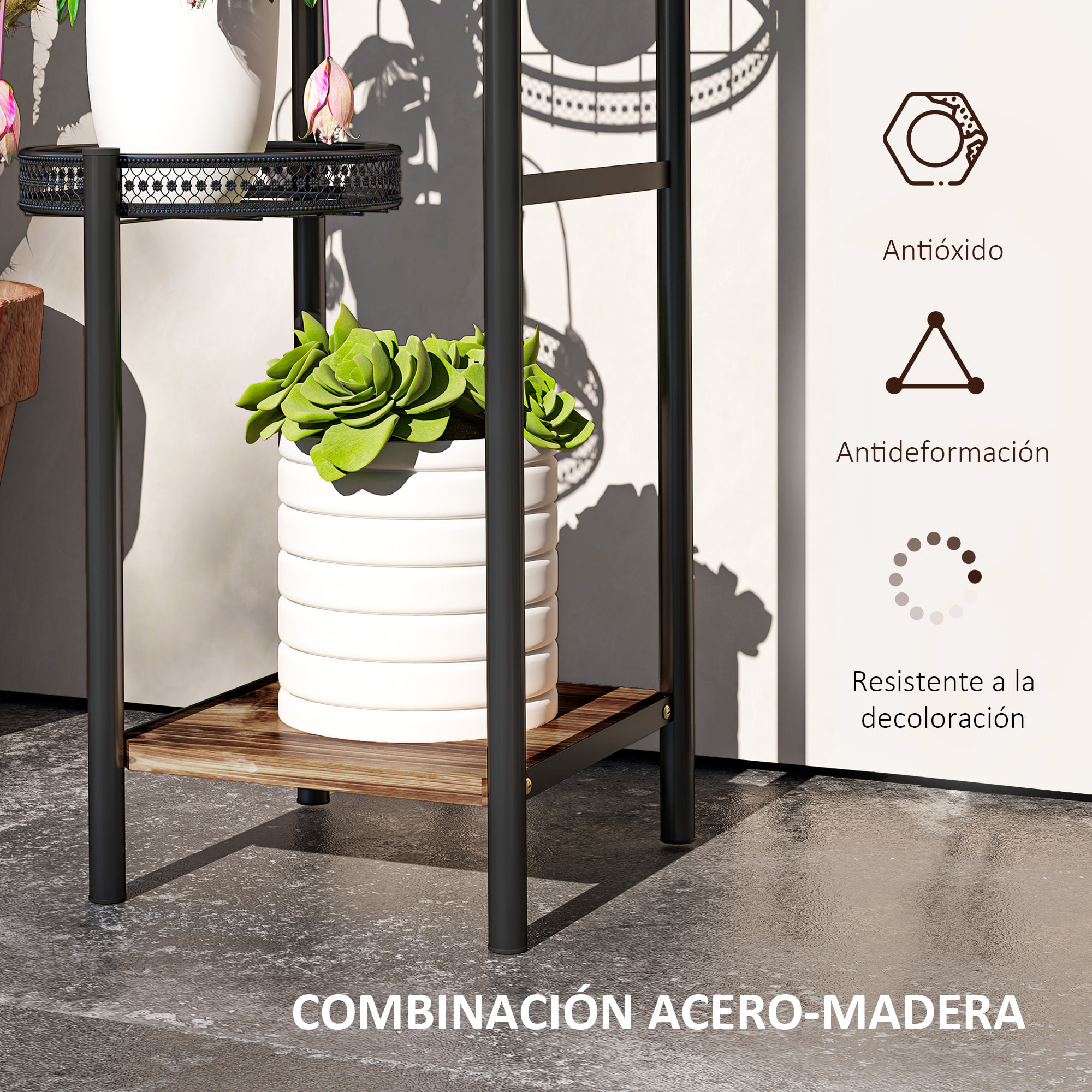 Soporte para Plantas de 4 Niveles Estantería para Plantas para Esquina Soporte de Acero Soporte para Macetas Interior y Exterior 25x25x80 cm Negro