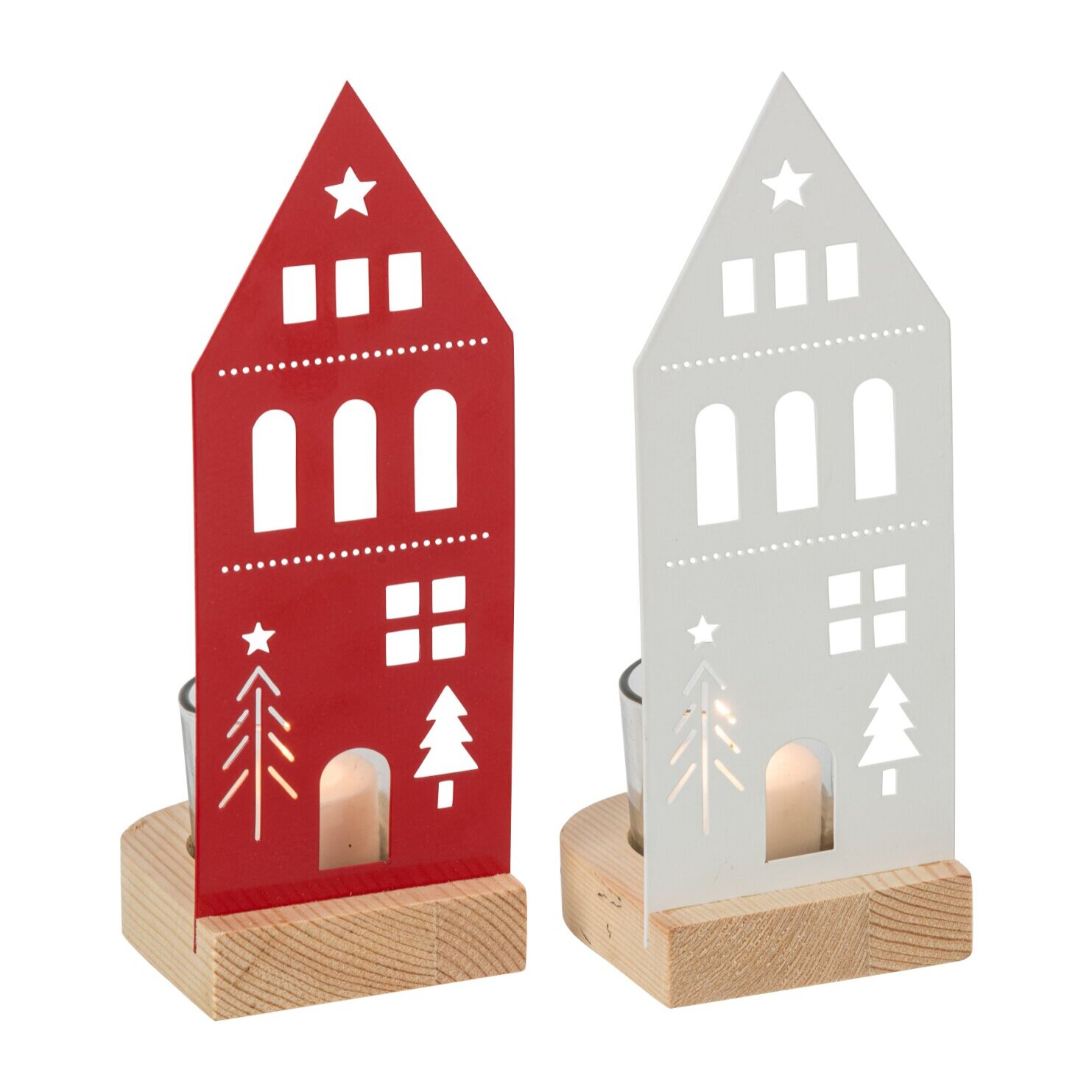 J-Line photophores maison - fer - blanc/rouge Noël - small - assortiment de 2