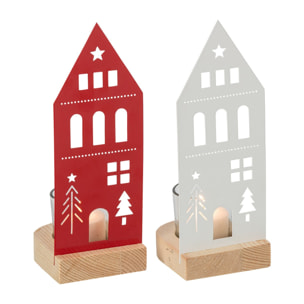 J-Line photophores maison - fer - blanc/rouge Noël - small - assortiment de 2