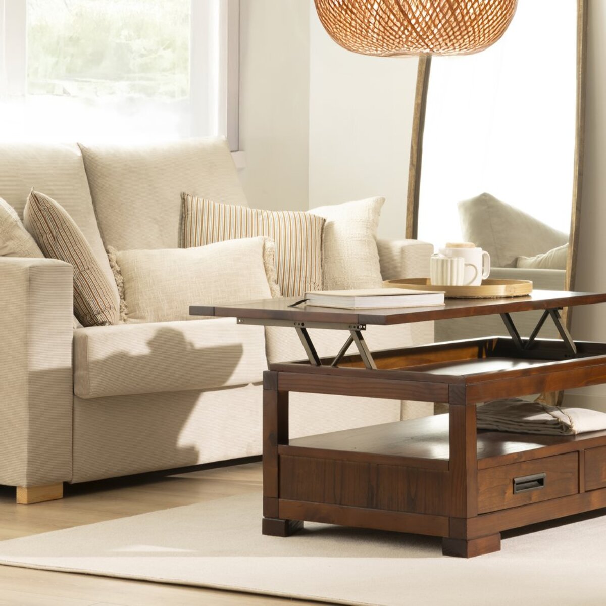 Table basse avec plateau relevable Kenia -bois massif et placage naturel de mindi-couleur teck 110 x 46 x 60 cm