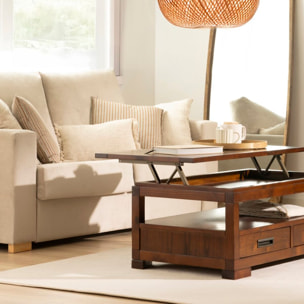 Table basse avec plateau relevable Kenia -bois massif et placage naturel de mindi-couleur teck 110 x 46 x 60 cm