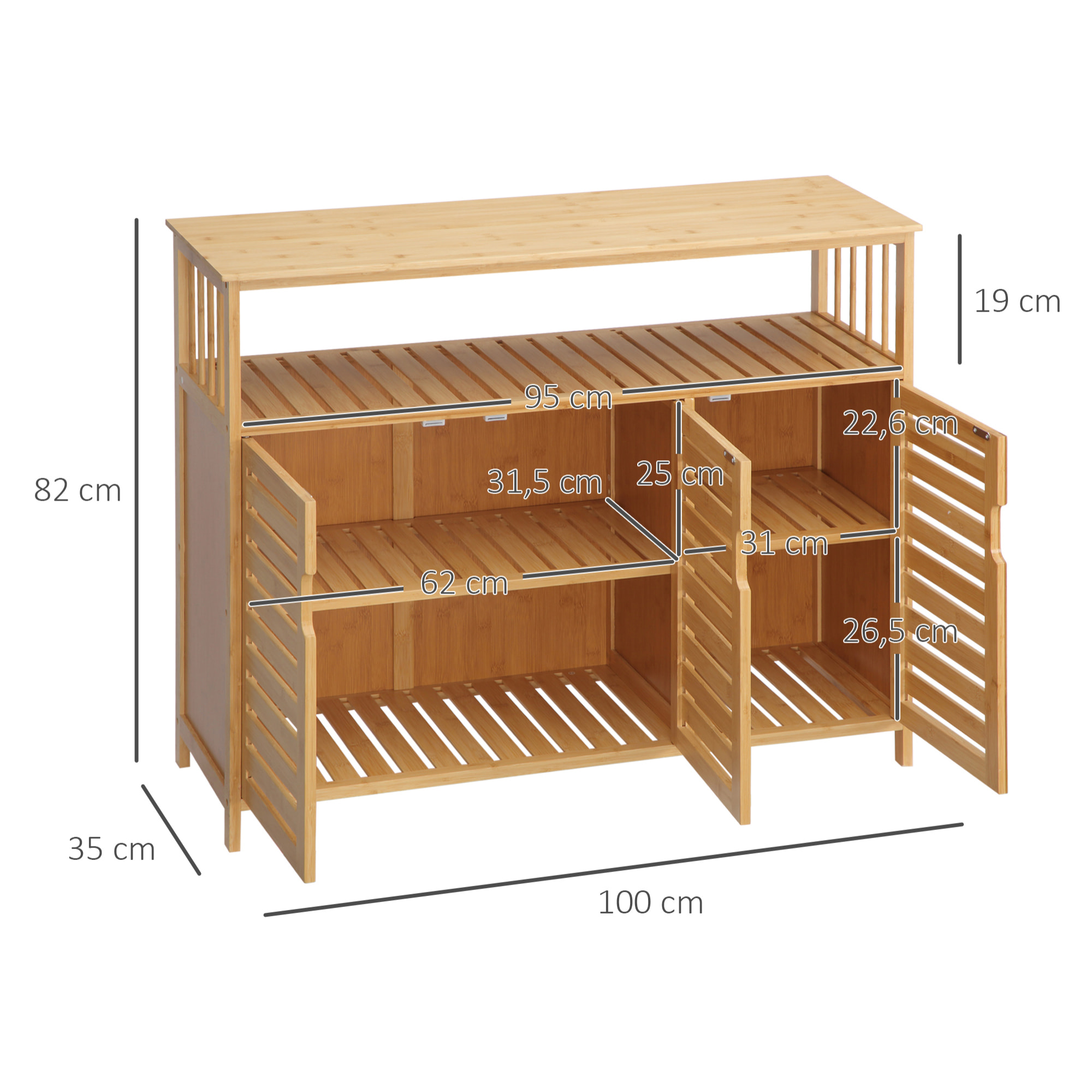 Buffet meuble de rangement bois bambou à lattes style naturel - 3 portes, 4 étagères