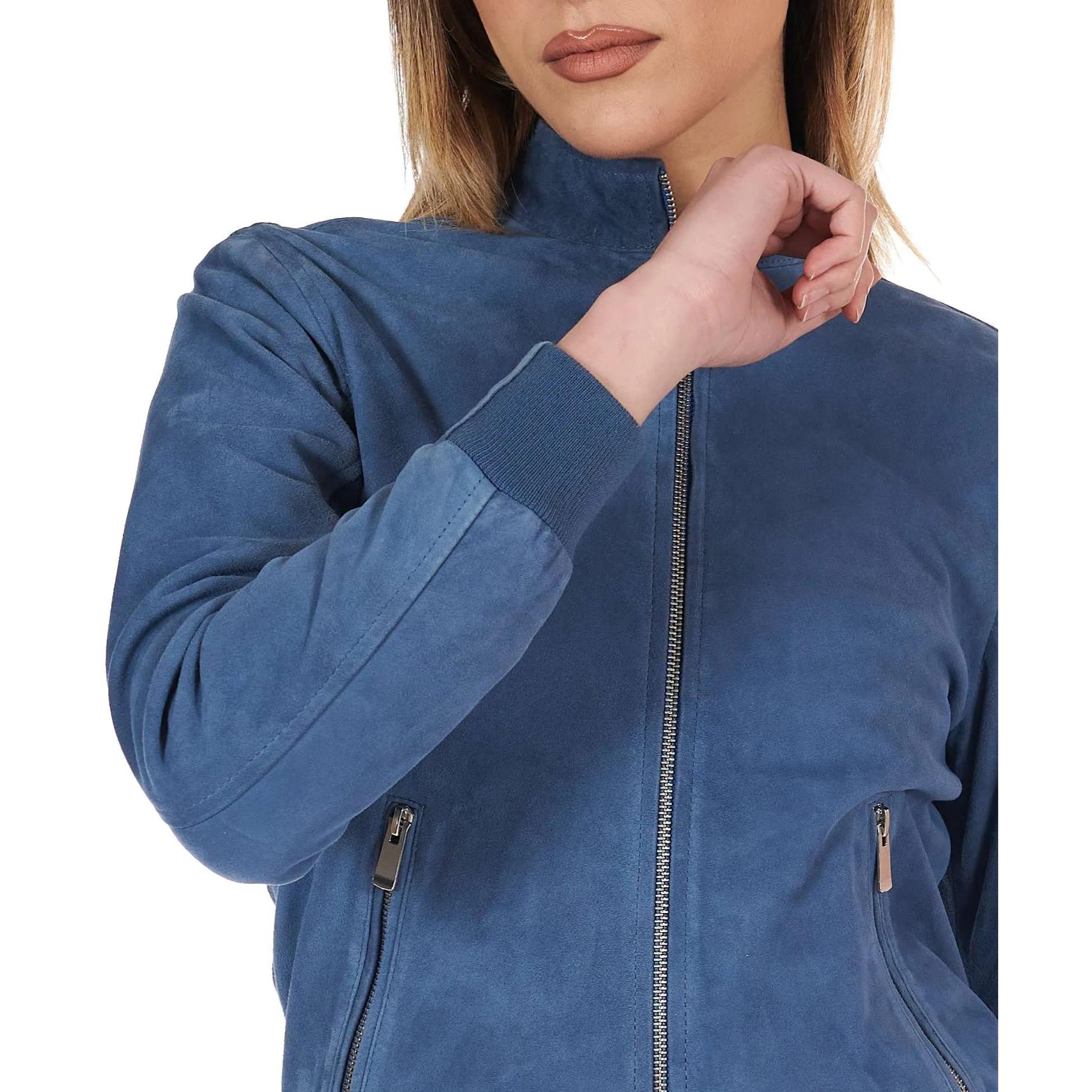 Bomber in pelle camoscio blu denim colletto coreana