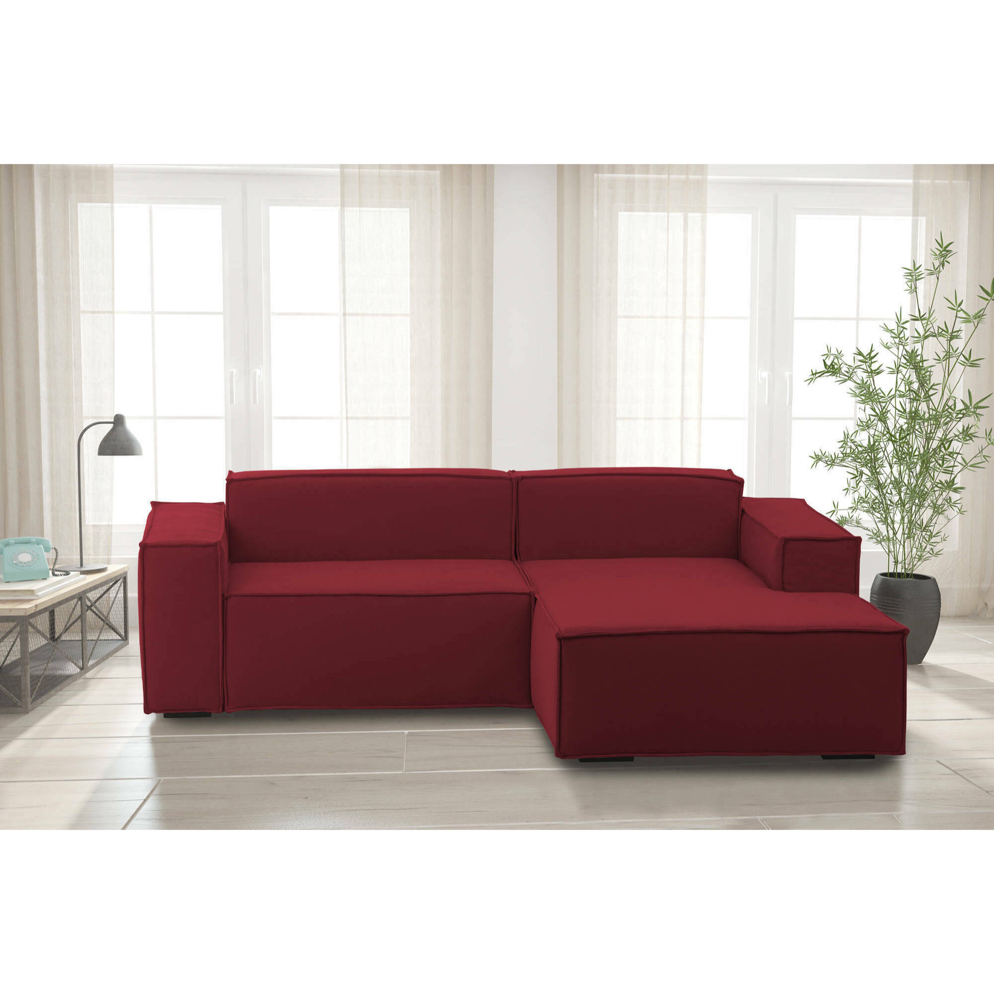Divano fisso con penisola Amuleto, Divano componibile a 2 posti con penisola destra, Sofà in tessuto, 100% Made in Italy, Cm 220x170h70, Rosso