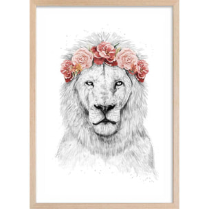 Affiche enfant lion et couronne de fleurs  Affiche + cadre en bois - Chêne