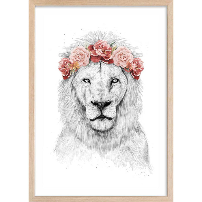 Affiche enfant lion et couronne de fleurs  Affiche + cadre en bois - Chêne