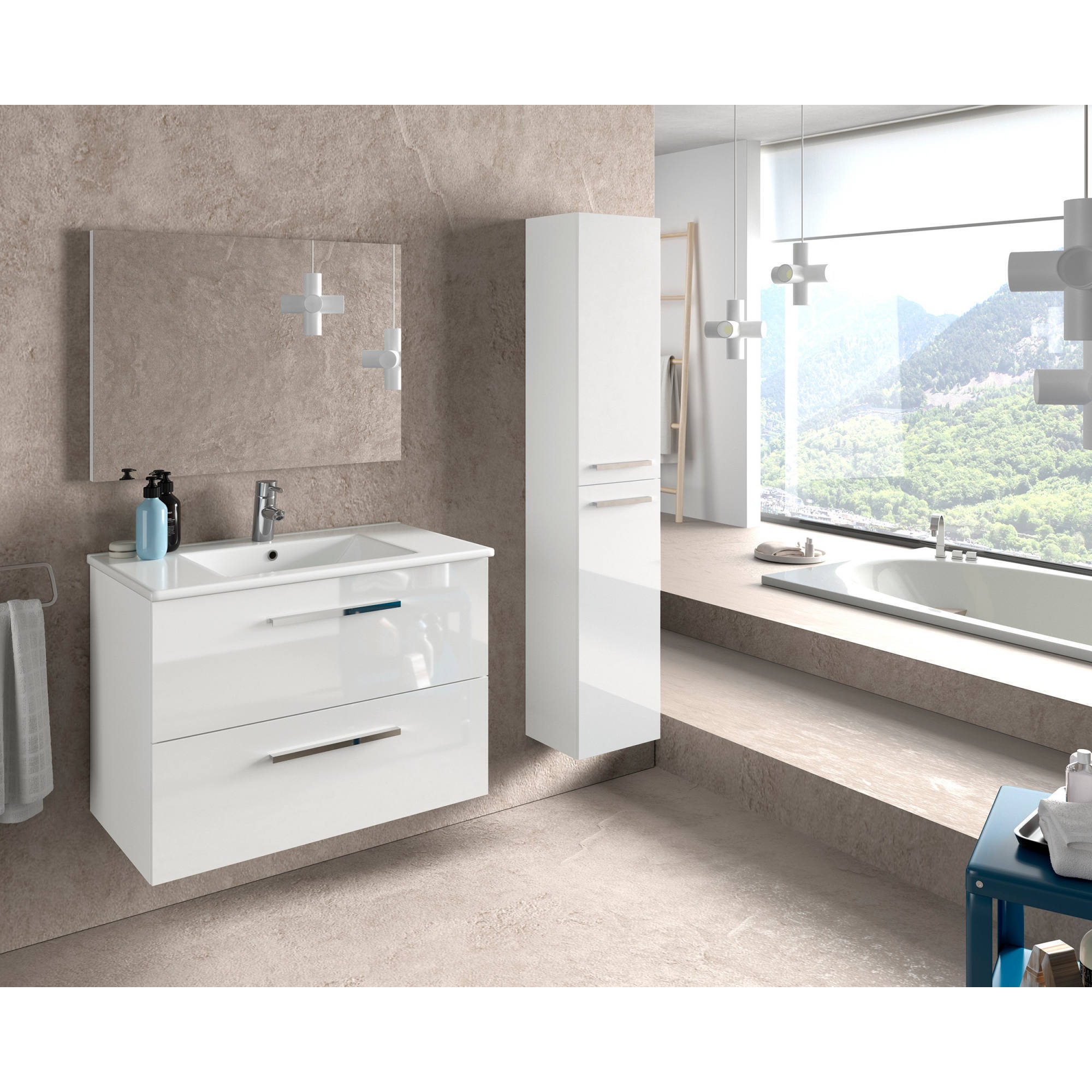 Mobile sottolavabo Inglewood, Mobiletto per bagno sospeso, Armadio a 2 cassetti e specchio, cm 80x45h57, Bianco lucido