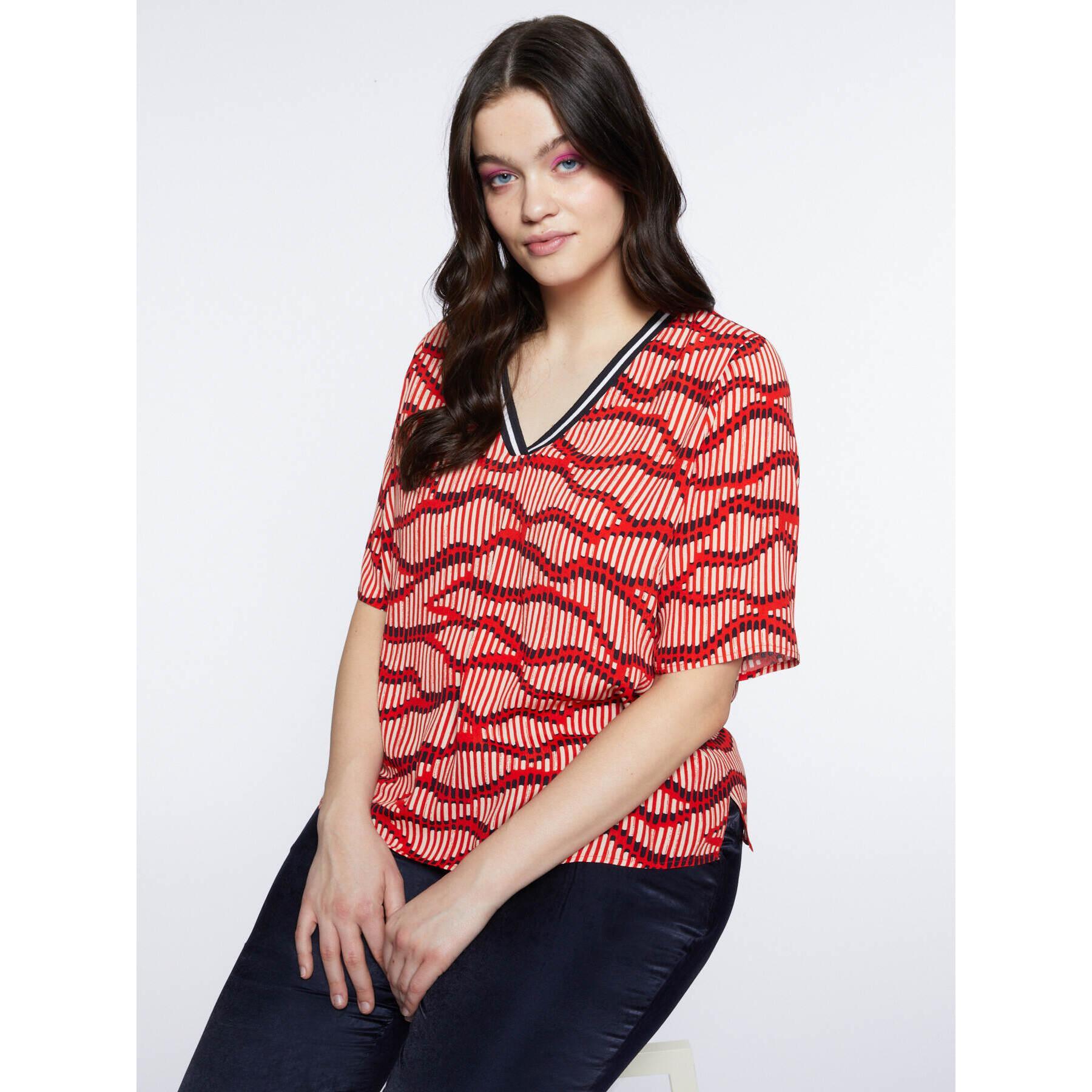 Fiorella Rubino - Blusa boxy estampada con borde de rayas - Rojo