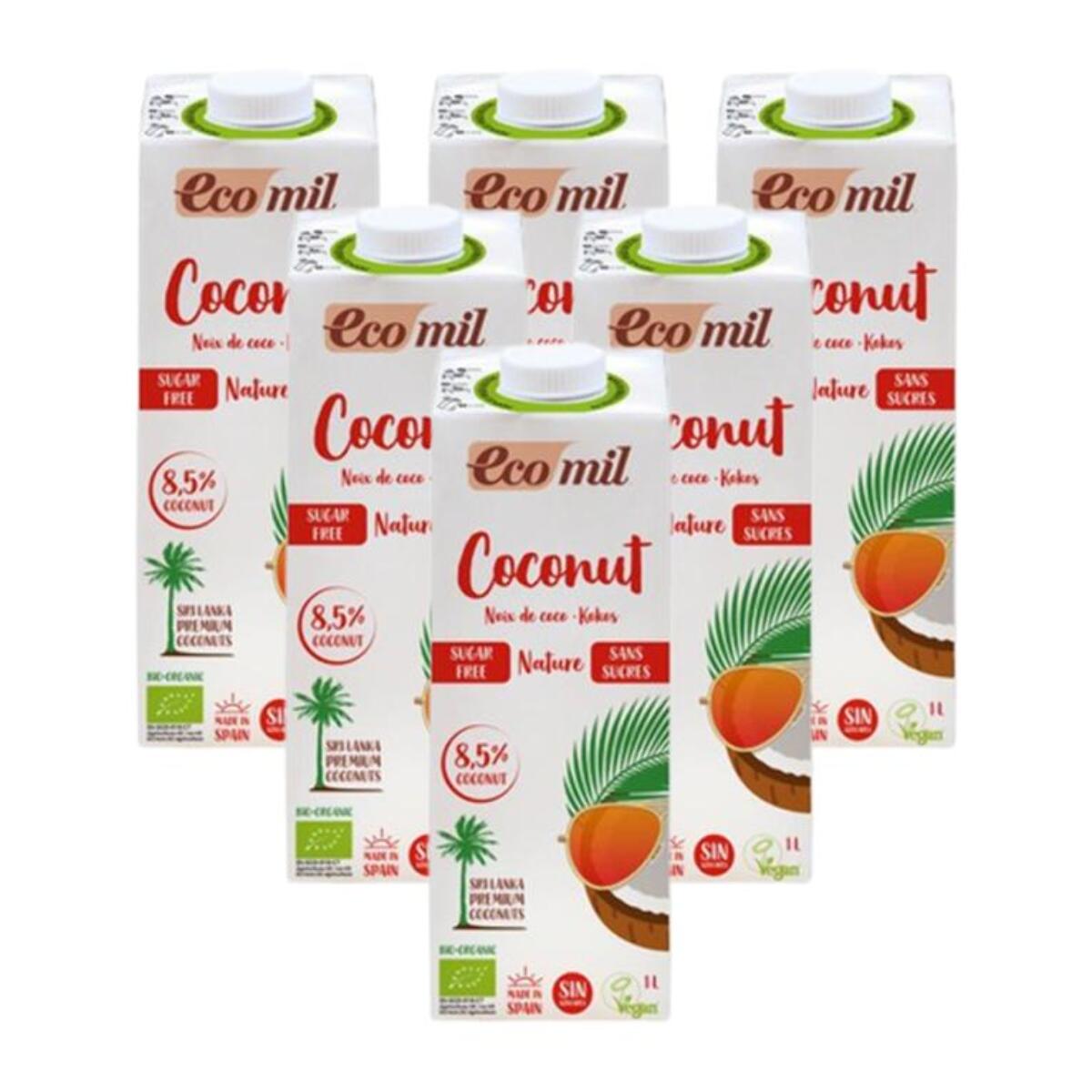 Pack 6L Bebida vegetal de coco sin azúcar, sin gluten y sin lactosa EcoMil