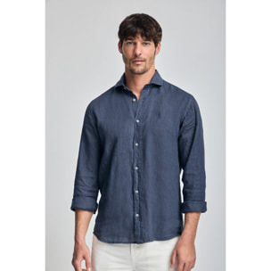 Camicia blu marino in lino tinta in capo con ricamo Rigby Go