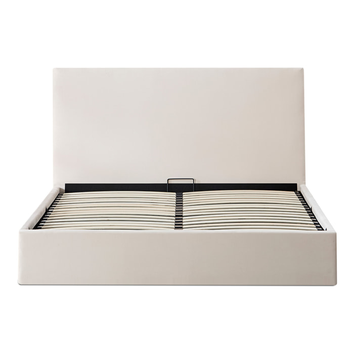 Lit Coffre Nemesis en Velours Beige, Grand espace de rangement, avec Tête de Lit, Sommier à Lattes Actives, Design et confortable