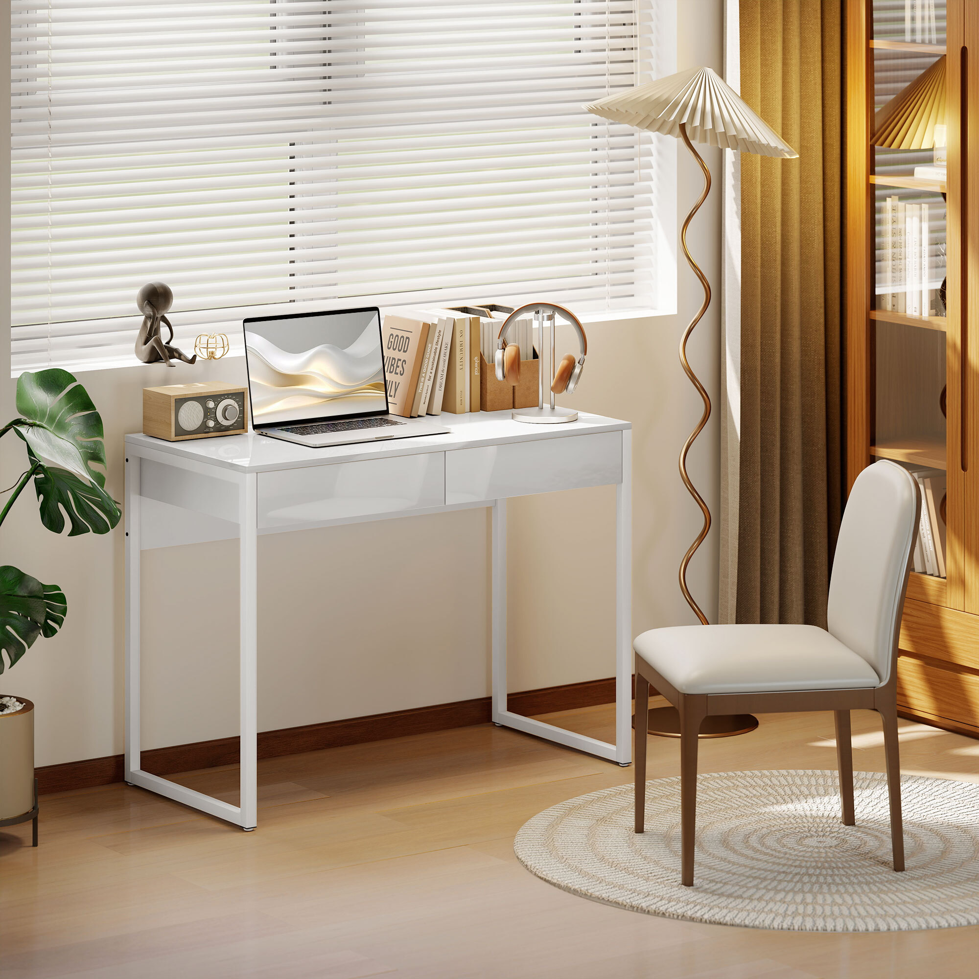 Bureau design blanc laqué dim. 100 x 50 cm - 2 tiroirs - acier MDF