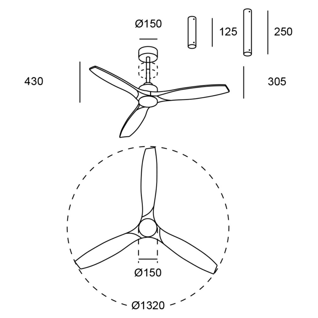 Forlight - Ventilador Stem Evo ø1320mm Acero, Cristal Blanco palas Negras, Arenado