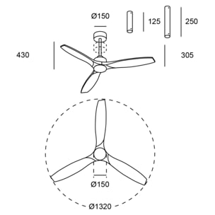 Forlight - Ventilador Stem Evo ø1320mm Acero, Cristal Blanco palas Negras, Arenado