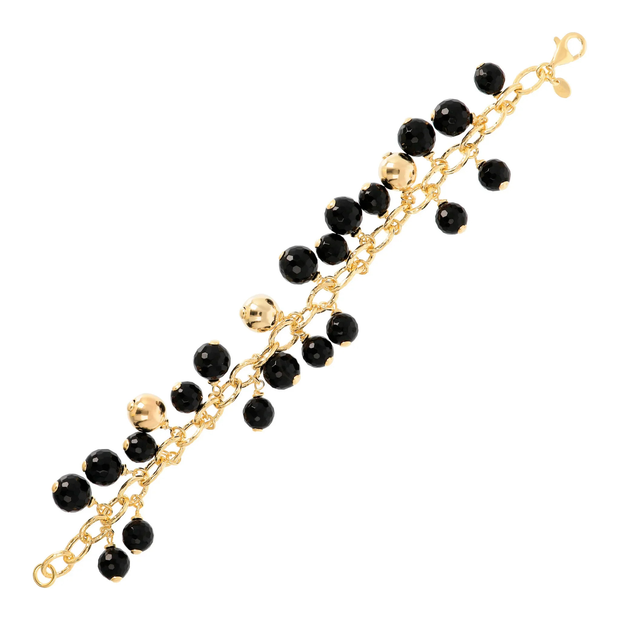 Bracciale Catena Rolo Martellata in Argento 925 placcato Oro Giallo 18kt con Ciondoli in Quarzite Rosa Sfaccettata