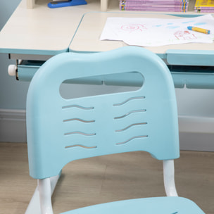 Juego de Escritorio y Silla para Niños de +3 Años con Altura Ajustable Pupitre Infantil con Tablero de Mesa Inclinable Cajón y Estantería para libros 80x52x88-109 cm y 35,5x44,5x66-80 cm Azul