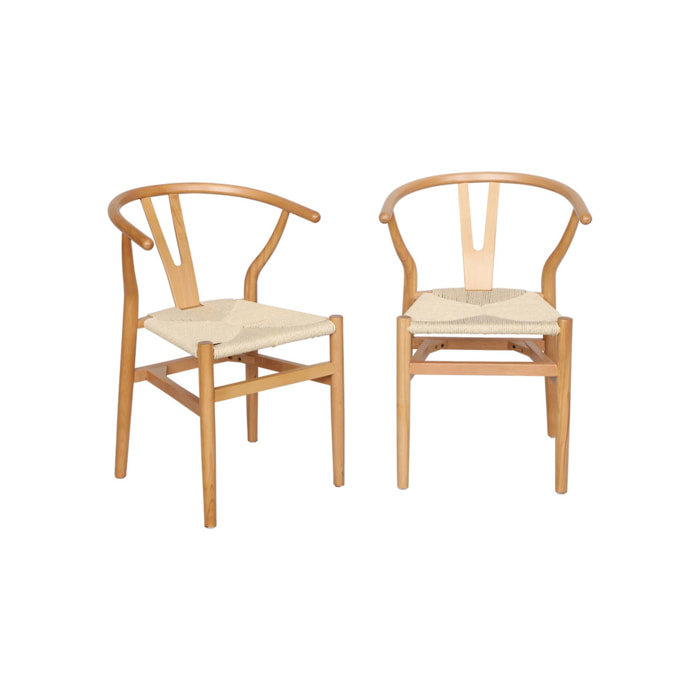Lot de deux chaises vintage naturelles en bois d'hévéa avec assise en cordes et dossier arrondi