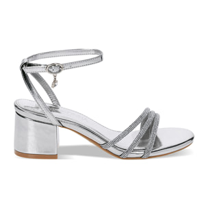 Sandali argento in laminato con pietre, tacco 5,5 cm