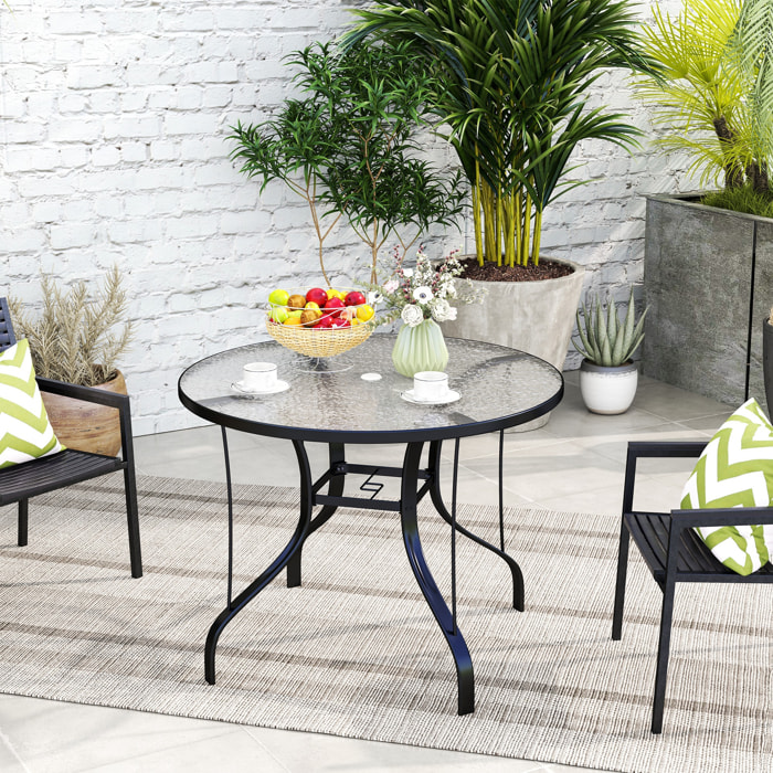 Mesa de Jardín Exterior con Orificio para Sombrilla Mesa de Comedor Exterior con Encimera de Vidrio y Estructura Metálica para Patio Terraza Ø96,5x71 cm Negro
