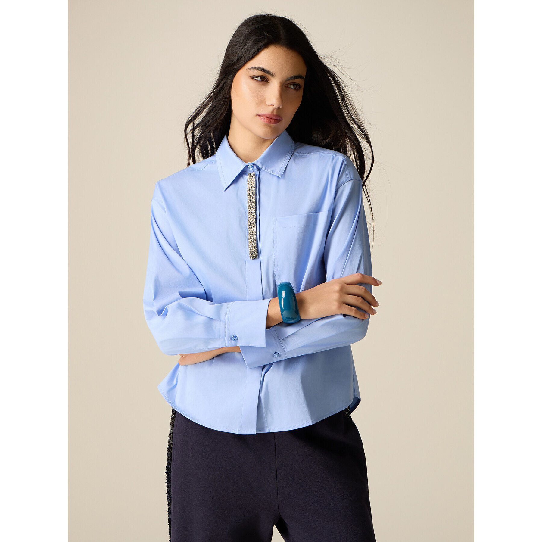 Oltre - Camisa de popelina con bordado de joya - Light - blue