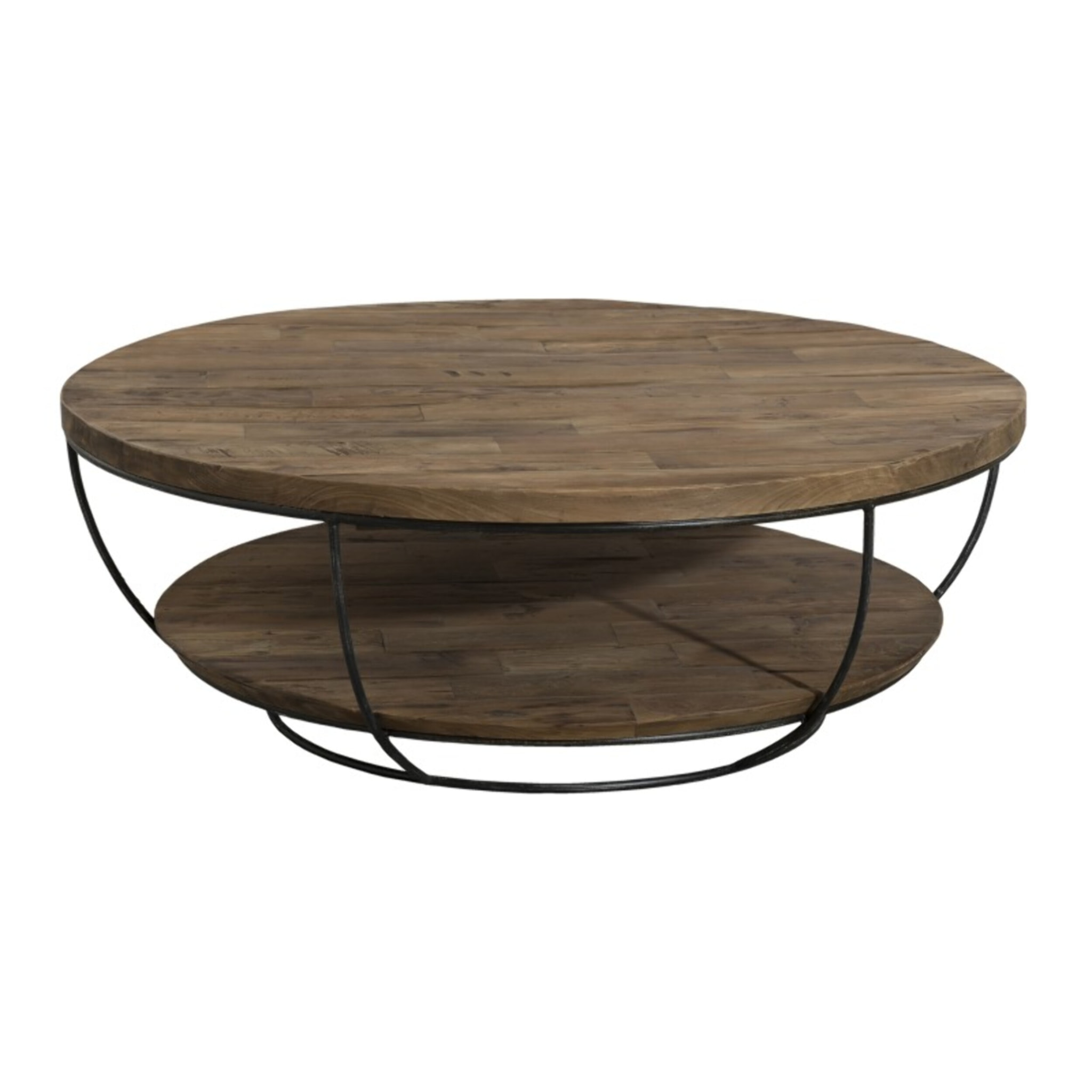 SIXTINE - Table basse coque ronde 100x100cm double plateau teck recyclé métal noir