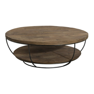 SIXTINE - Table basse coque ronde 100x100cm double plateau teck recyclé métal noir