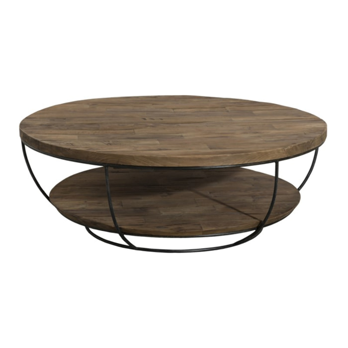 SIXTINE - Table basse coque ronde 100x100cm double plateau teck recyclé métal noir