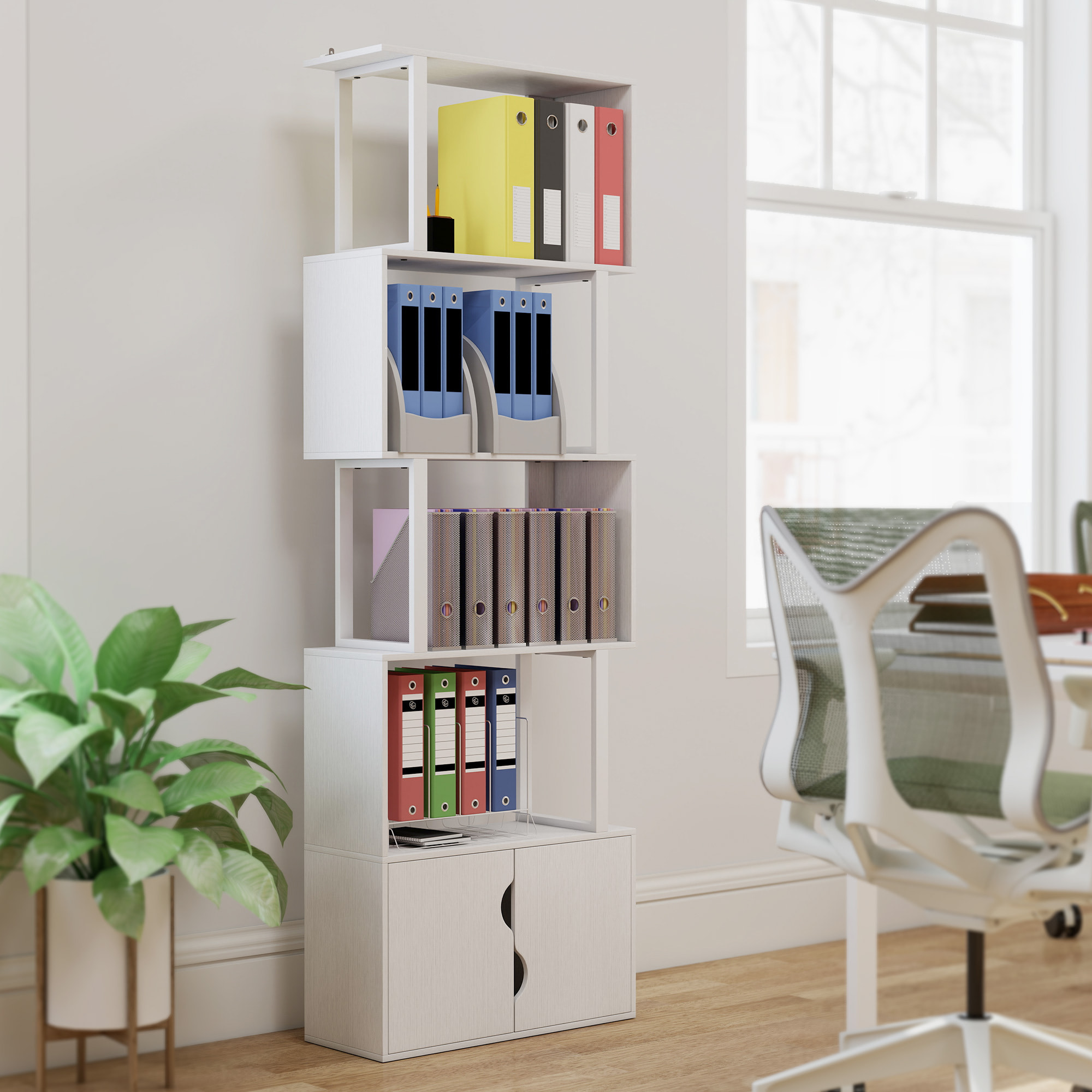 Bibliothèque design zig zag - 4 étagères, 2 portes - effet bois acier blanc