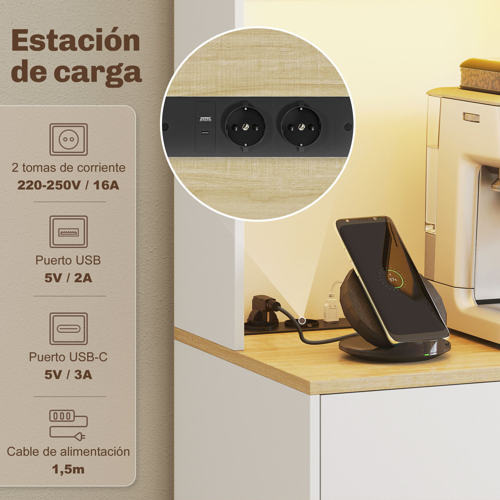 Alacena de Cocina con Luces LED y Estación de Carga, Control por APP, Mueble Auxiliar de Cocina con 4 Puertas, Cajón, Encimera Abierta para Microondas, Estantes Ajustables, 71x40x180 cm, Blanco