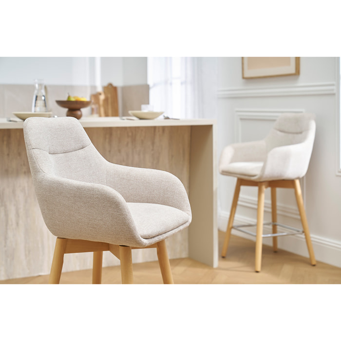 Tabourets de bar scandinaves pivotants 360° en tissu effet velours texturé beige et bois clair H65 cm (lot de 2) ALESS