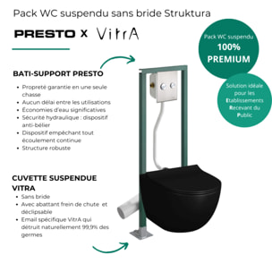 Pack WC suspendu sans bride Sento noir mat  + Abattant frein de chute + Bâti-support autoportant PRESTO + Plaque chromée