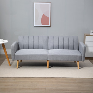 Canapé convertible 2 places design scandinave dossier inclinable 3 positions pieds bois tissu aspect lin gris