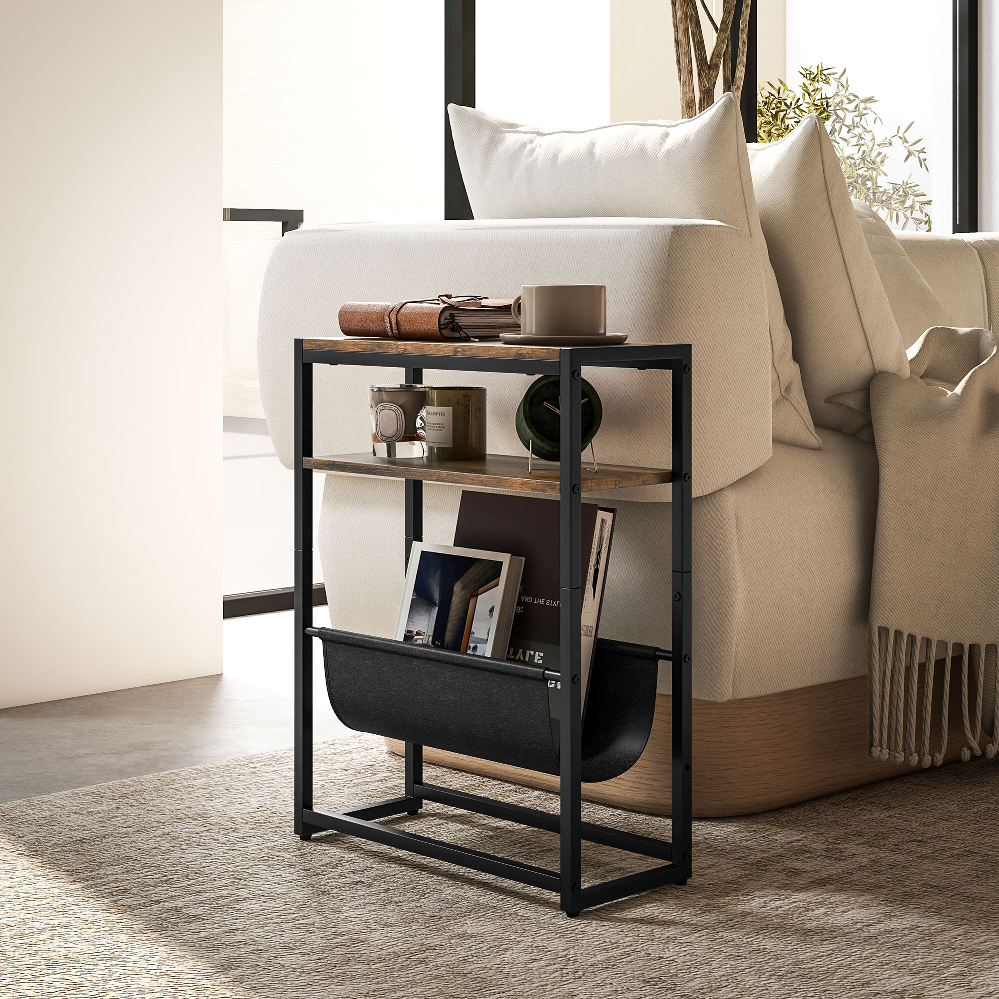 Table d'appoint bout de canapé table d'entrée avec étagère et porte-revues structure en acier design industriel - 43l x 18P x 56H cm noir marron foncé
