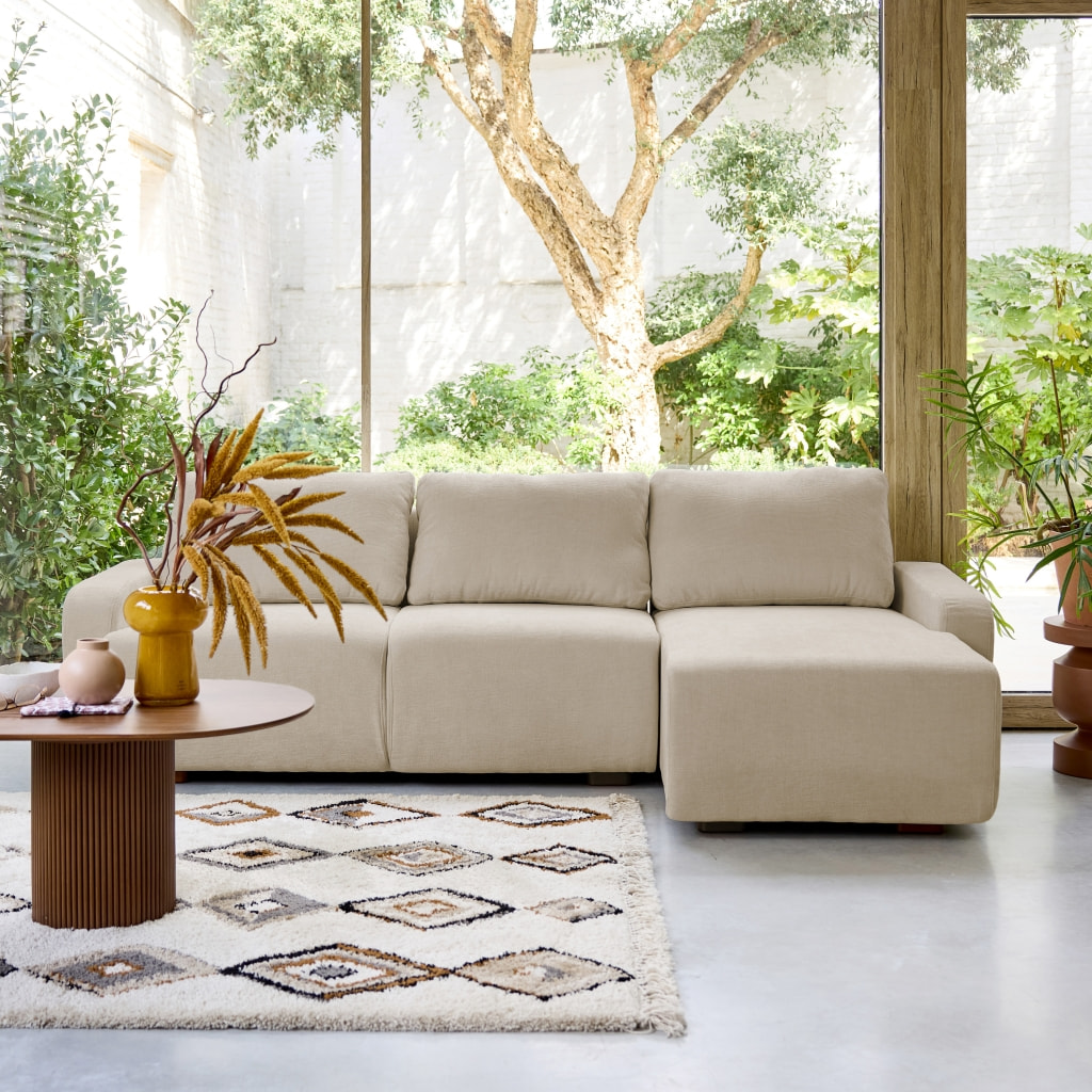 Canapé d'angle droite 3 places tissu beige L 260 x P 88 / 139cm / x H 87cm - Dany