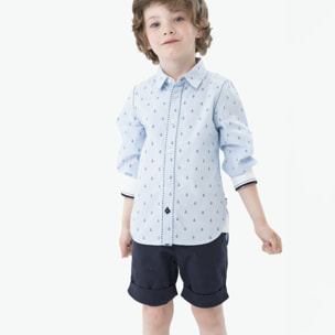 Camisa niño estampada, cuello camisero, mangas largas, azul