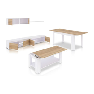 Pack salón con mesa de centro y mesa de comedor Arlet Max Blanco Artik (Blanco Mate) - Roble Canadian