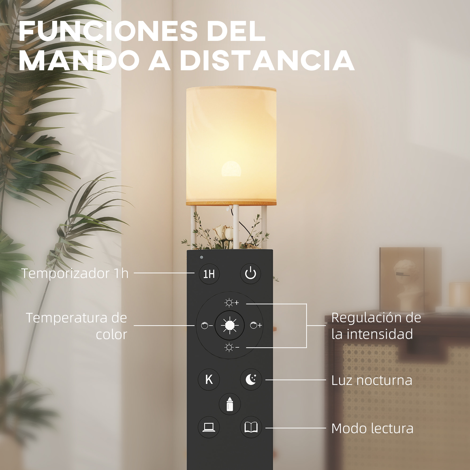 Lámpara de Pie con Estantes, Lámpara con 3 Temperaturas de Color, Control Remoto, Bombilla E27, para Salón, Dormitorio, Oficina, Natural
