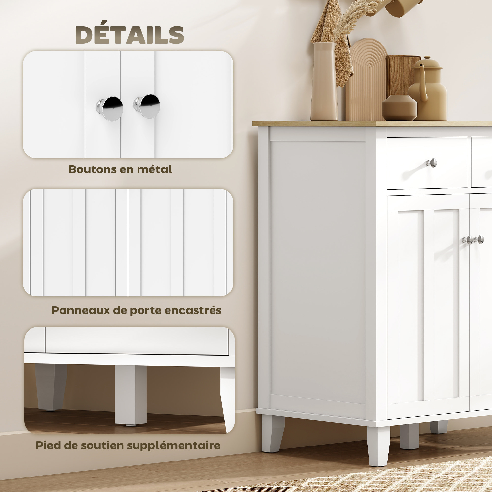Buffet multi-rangement 2 portes étagère 2 tiroirs coulissants blanc aspect bois clair