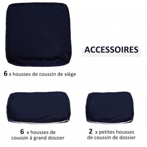 Lot de 14 housses de rechange coussins salon de jardin - 6 housses coussin d'assise, 8 housses coussin dossier - housses zippées polyester déperlant bleu