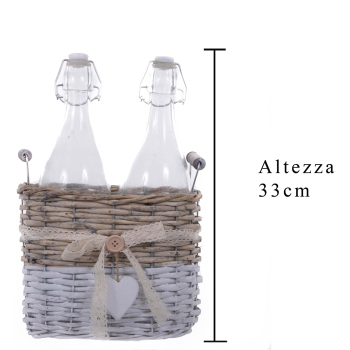 2 Bottiglie Con Cesto. Altezza 33 Cm - Pezzi 2 - 25X33X13cm - Colore: Bianco - Bianchi Dino - Oggettistica, Componenti D'Arredo