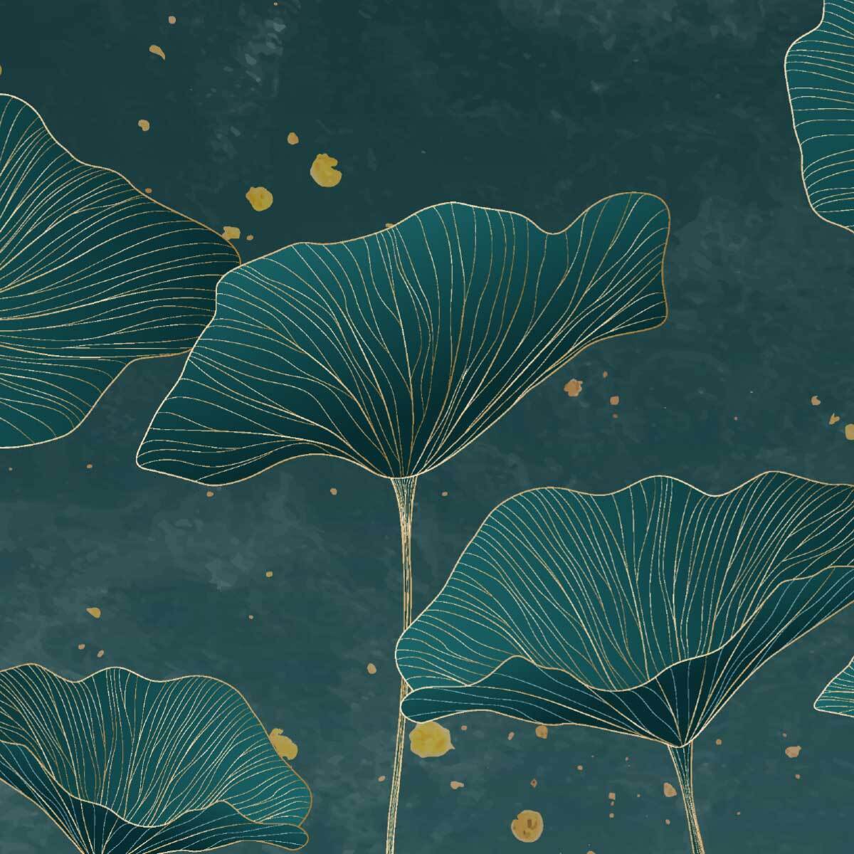 Papier peint lotus et feuillage vert profond touches dorées Intissé