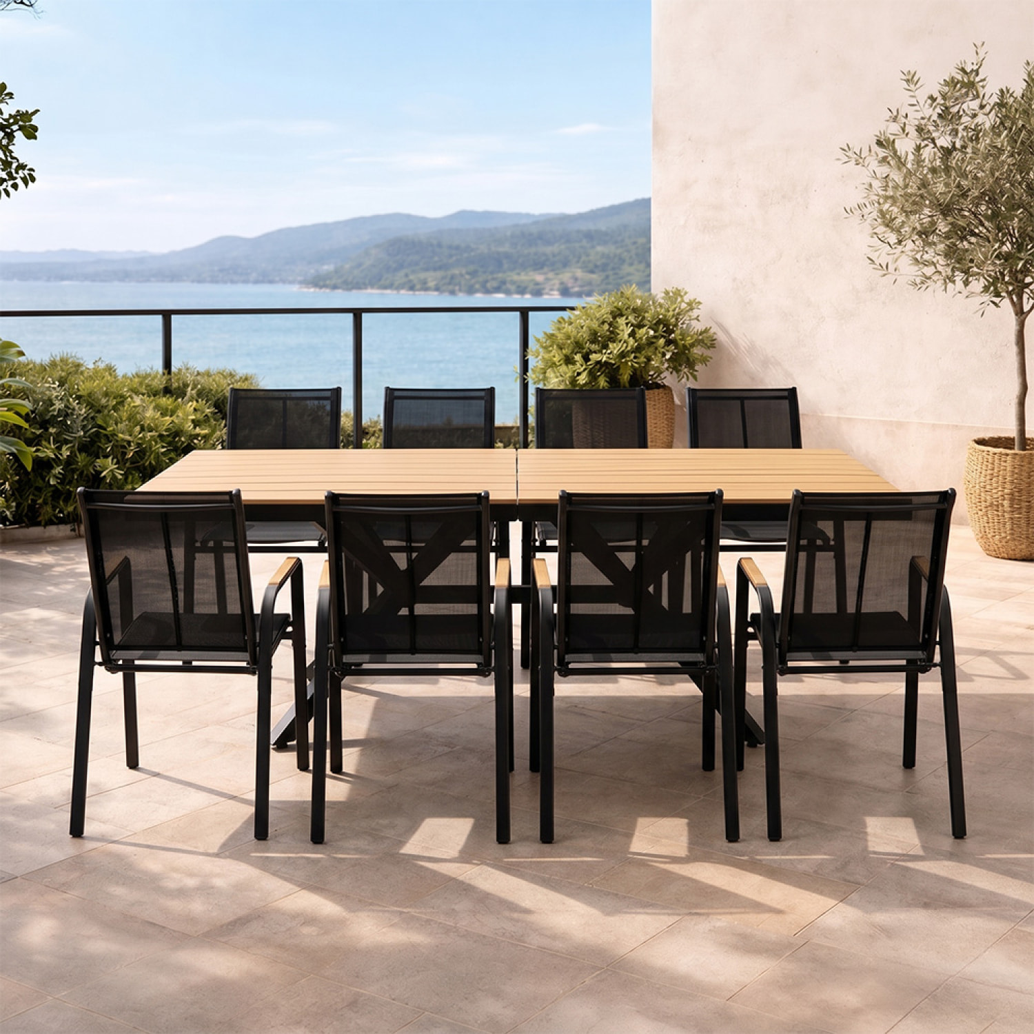 Ensemble de jardin table 190cm effet bois + 8 fauteuils SODRE